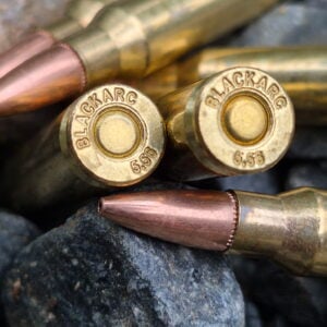 Close-up of spent brass 5.56 cartridge casings resting among rough rocks.