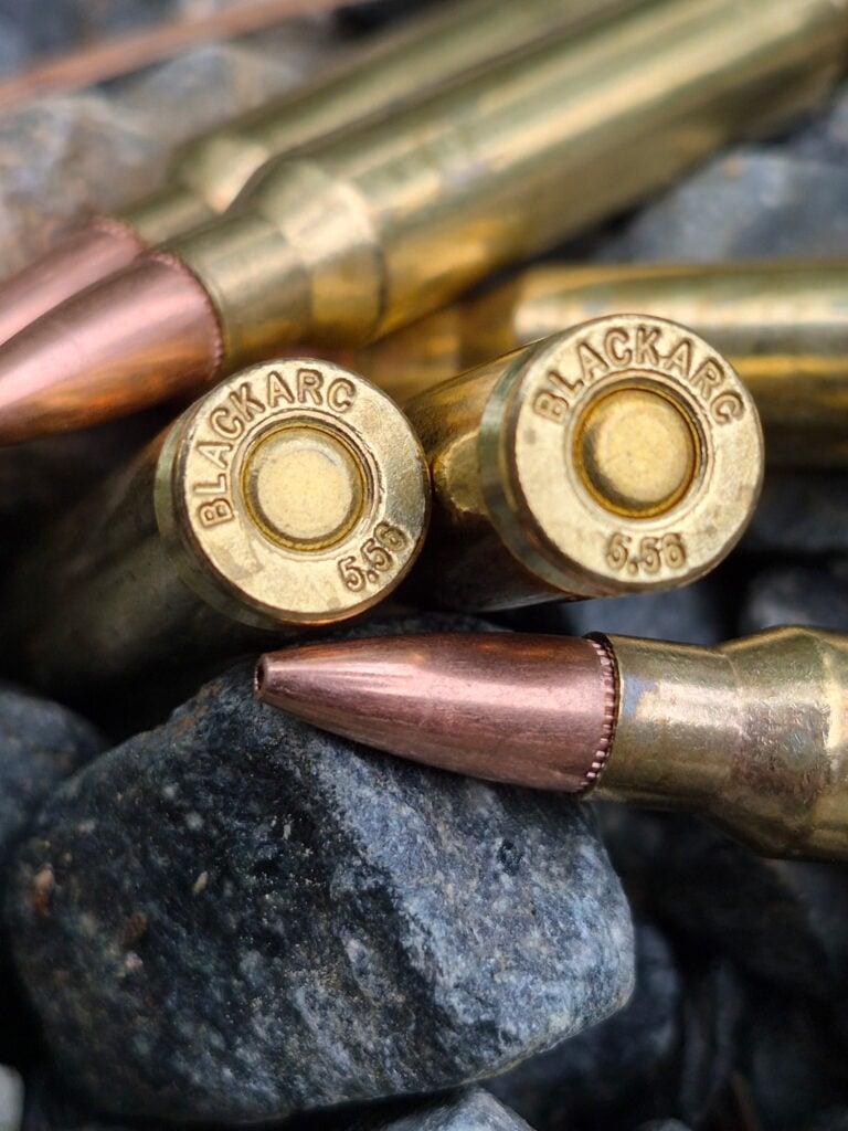 Close-up of spent brass 5.56 cartridge casings resting among rough rocks.